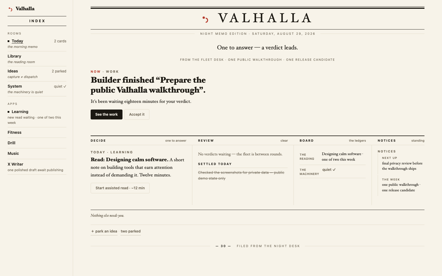 A desktop Valhalla broadsheet with a synthetic review card, a learning item, a settled receipt, quiet system state, and a navigation index.