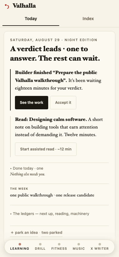 A phone-sized Valhalla memo showing one primary review action, one secondary reading action, a quiet weekly line, and a five-app dock.